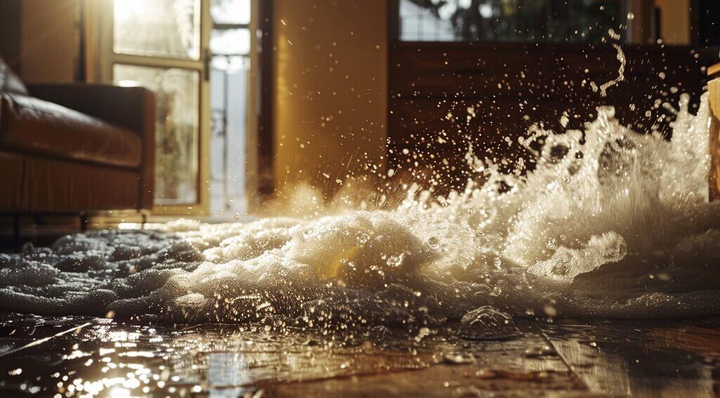 burst pipe in a home, with water gushing out and spreading across the floor