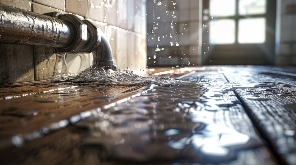 burst pipe leaking water onto a hardwood floor, causing damage
