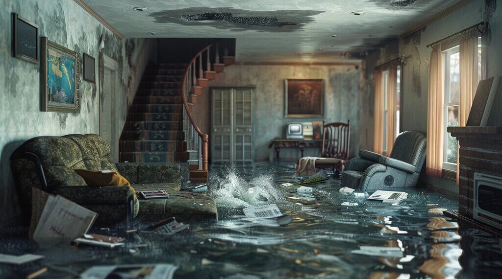 flooded basement with water seeping in from a burst pipe, causing damage to furniture and electronics