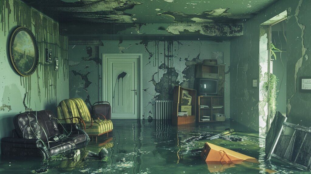 flooded basement with water seeping in through cracks in the foundation