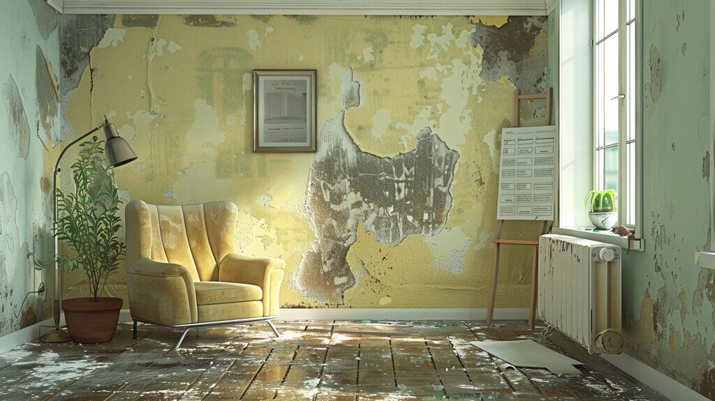 water-damaged room with clear signs of moisture